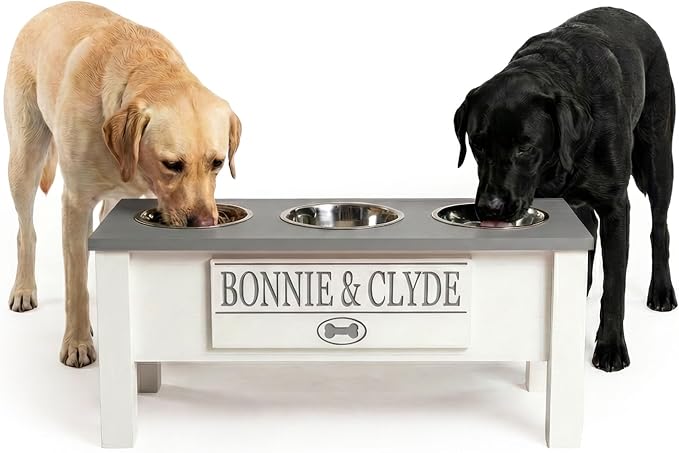 3 Bowl Dog Feeding Station, Personalized Triple Bowl Food Stand Large Dogs | Farmhouse Style, Elevated Wood Stand, Storage Container, Stainless Steel Bowls, Raised Feeder, Large Breed, Made in USA