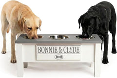 3 Bowl Dog Feeding Station, Personalized Triple Bowl Food Stand Large Dogs | Farmhouse Style, Elevated Wood Stand, Storage Container, Stainless Steel Bowls, Raised Feeder, Large Breed, Made in USA