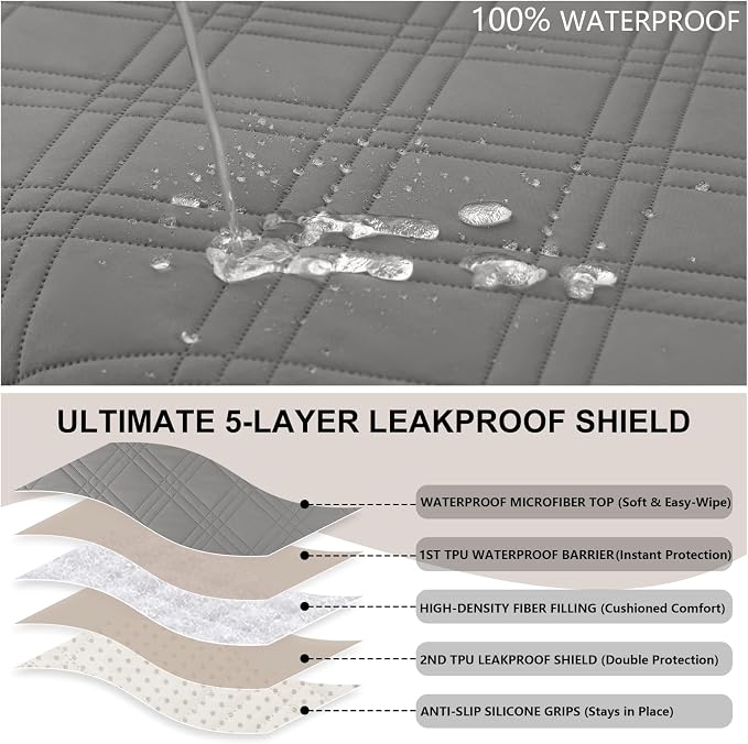 100% Waterproof Couch Cover for Dogs, Washable Anti-Slip Sofa Cover with Elastic Straps & Side Pockets, Quilted Furniture Protector for Kids & Pets (3 Cushion 68", Newgrey)