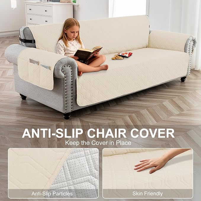 100% Waterproof Couch Cover, Straps&Pockets,pet Friendly,78" Beige | Washable sofa cover, pet-friendly, scratch-resistant furniture protector, quilted sofa cover, reversible, non-slip backing.
