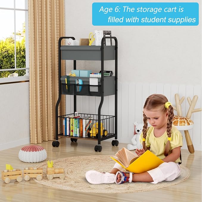3-tier Baby Diaper Caddy Organizer and Storage Cart with 4+3 Dividers, Metal Utility Cart with Lockable Wheels for Nursery, Bedroom, Bathroom, Black