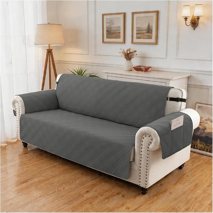 100% Waterproof Couch Cover for Dogs, Washable Anti-Slip Sofa Cover with Elastic Straps & Side Pockets, Quilted Furniture Protector for Kids & Pets (3 Cushion 68", Dark Grey)