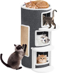 3-Storey Cat Beds for Indoor Cats House, Covered Beds & Furniture with Scratch Pad, Cat Hideaway Cave, Condo with Dangling Fluffy Balls for Multiple Kitten, Grey 15.75X15.75X35.43INCH