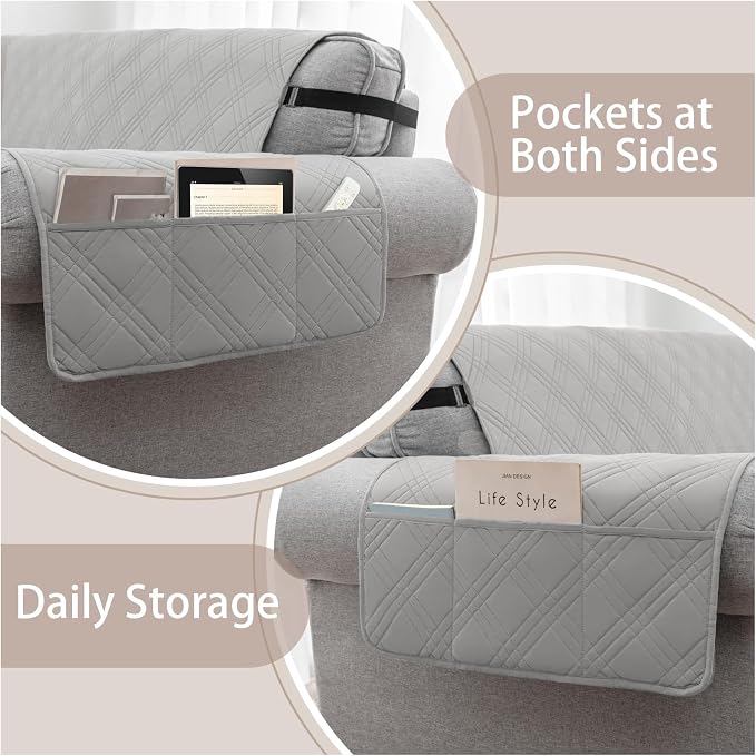 100% Waterproof Couch Cover for Dogs, Washable Anti-Slip Sofa Cover with Elastic Straps & Side Pockets, Quilted Furniture Protector for Kids & Pets (Oversize Sofa 78", Newgrey)