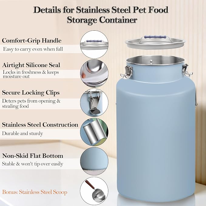 30 lb Stainless Steel Dog Food Storage Container, Airtight Metal Canister with Lid & Scoop, Extra Large Capacity for Multi-Pet Families, Preserve Freshness