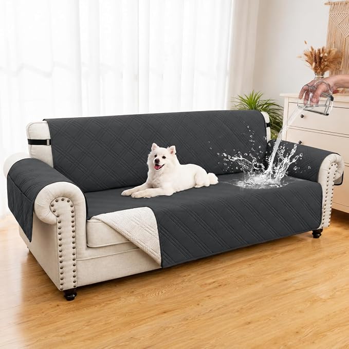 100% Waterproof Couch Cover for Dogs, Washable Anti-Slip Sofa Cover with Elastic Straps & Side Pockets, Quilted Furniture Protector for Kids & Pets (3 Cushion 68", Blackishgray)