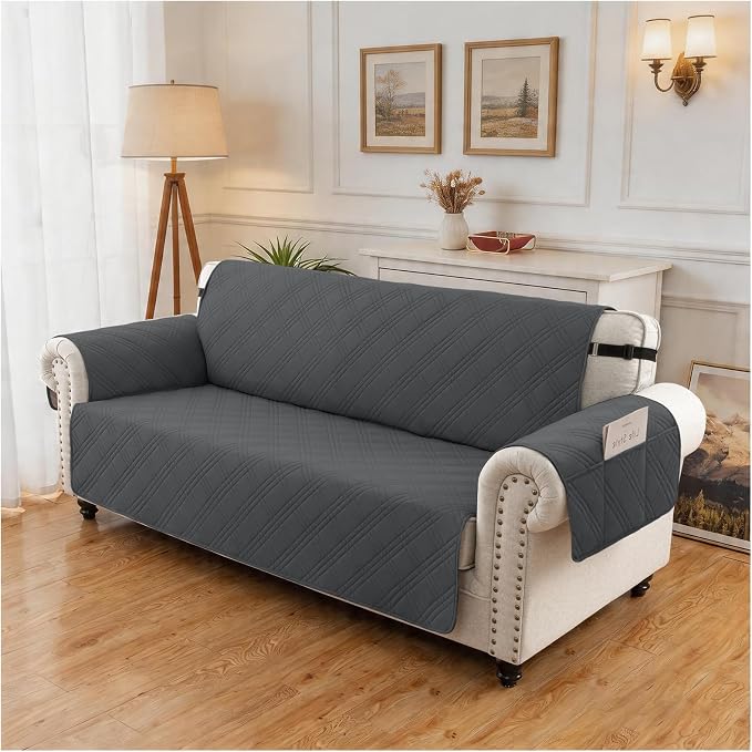 100% Waterproof Couch Cover for Dogs, Washable Anti-Slip Sofa Cover with Elastic Straps & Side Pockets, Quilted Furniture Protector for Kids & Pets (3 Cushion 68", Blackishgray)