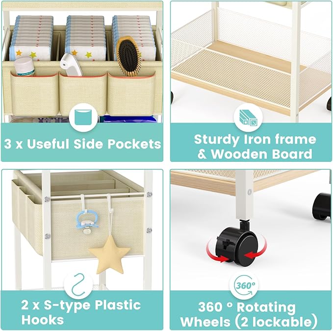 2In1 Baby Diaper Caddy & 3-Tier Rolling Cart, Diaper Caddy Organizer Carts with Dividers, Mobile Metal Utility Cart for Nursery Essentials, Detachable Bedside Cart, Large Capacity, White