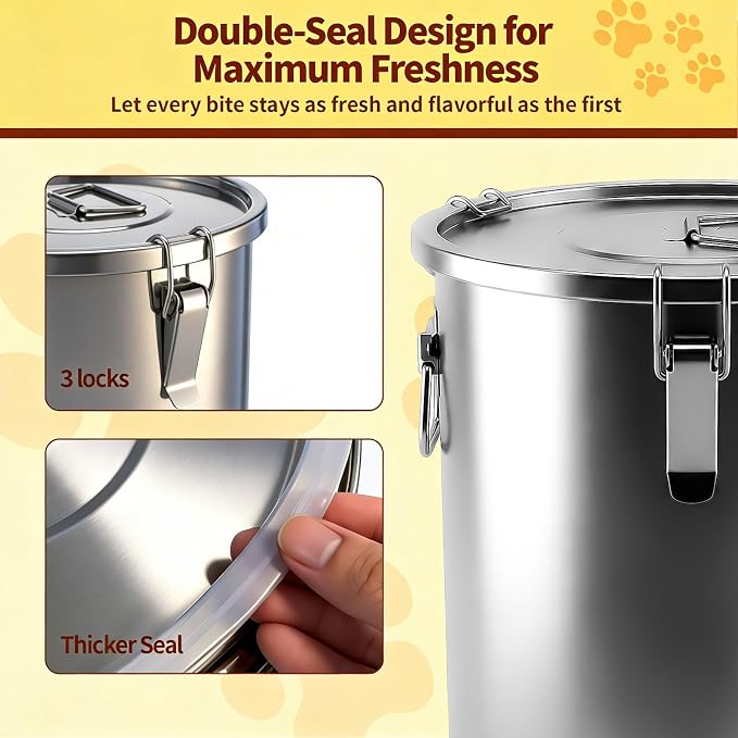 304 Stainless Steel Dog Food Storage Container, 35LB/40LB Airtight Pet Food Container with Locking Lid & Silicone Seal, Large Metal Food Storage Bin for Dry Dog/Cat Food, Rice, Flour (35 LBS)