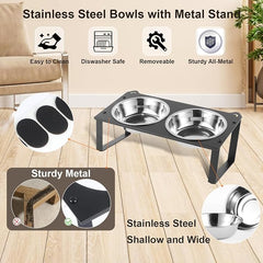 3 Set Elevated Cat Food Water Bowls, 6 Stainless Steel Bowls for Indoor Pet with Cute Metal Stand, 10° Tilted Anti-Vomiting Raised Wide Shallow Cat Dishes Whisker Friendly for Multiple Kitten,Puppy