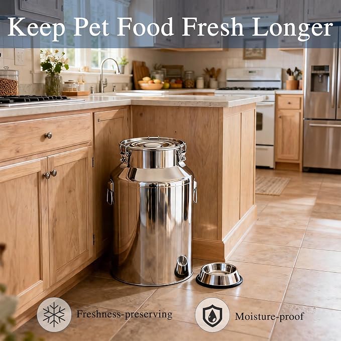 25 Lbs Stainless Steel Dog Food Storage Container with Scoop, Large Metal Dog Food Bin with Airtight Lid & Locking Clamp, Pet Food Container for Dogs & Cats, Keep Fresh, Easy to Clean