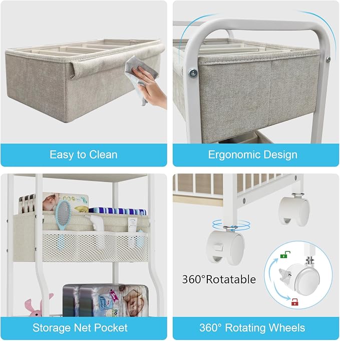3-tier Baby Diaper Caddy Organizer and Storage Cart with 4+3 Dividers, Metal Utility Cart with Lockable Wheels for Nursery, Bedroom, Bathroom, White