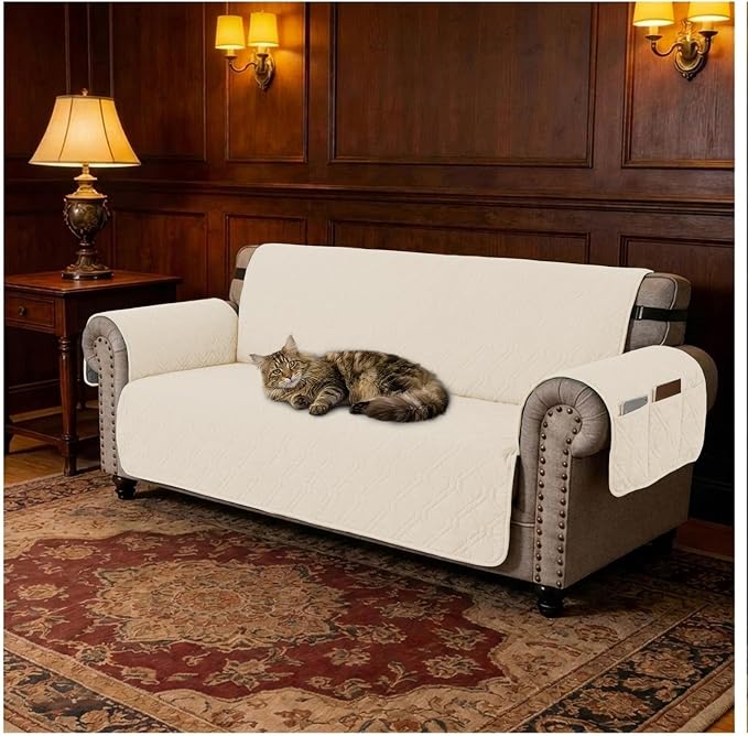 100% Waterproof Couch Cover, Straps&Pockets,pet Friendly,78" Beige | Washable sofa cover, pet-friendly, scratch-resistant furniture protector, quilted sofa cover, reversible, non-slip backing.