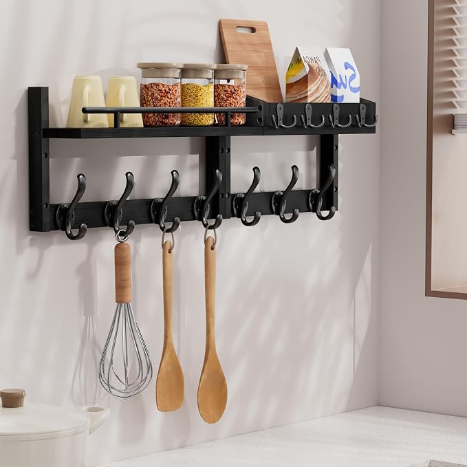 29 inch Coat Rack Wall Mount with Shelf, Heavy Duty Coat Hooks Wall Mount, Entryway Coat Hanger Wall Shelf with Key Holders and Mail Organizer for Living Room, Bedroom, Bathroom, Black