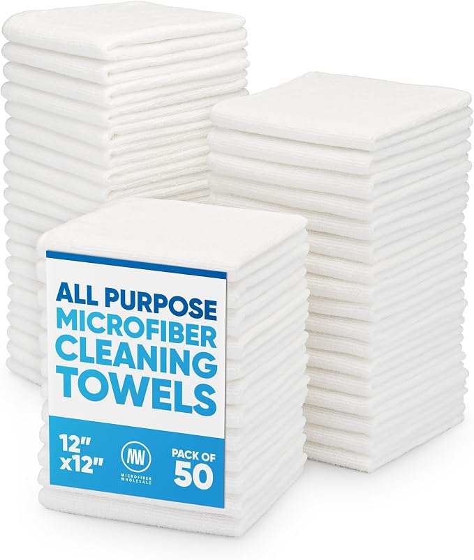 12" x 12" Microfiber Cleaning Cloths (50 Pack) - Reusable Towels, Wash Rags, Dust Cloth, All-Purpose: Kitchen, Dish, Cars, Shop, Glass (White)