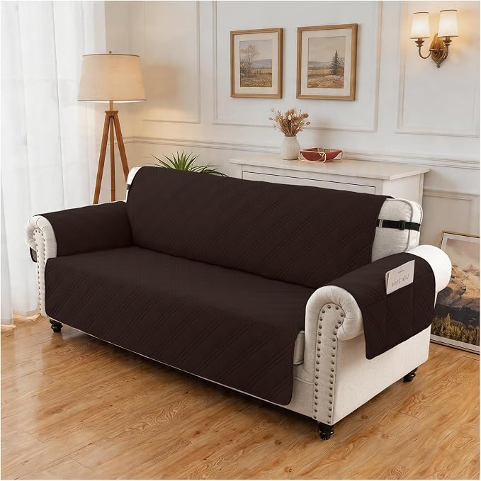 100% Waterproof Couch Cover for Dogs, Washable Anti-Slip Sofa Cover with Elastic Straps & Side Pockets, Quilted Furniture Protector for Kids & Pets (3 Cushion 68", Chocolate)