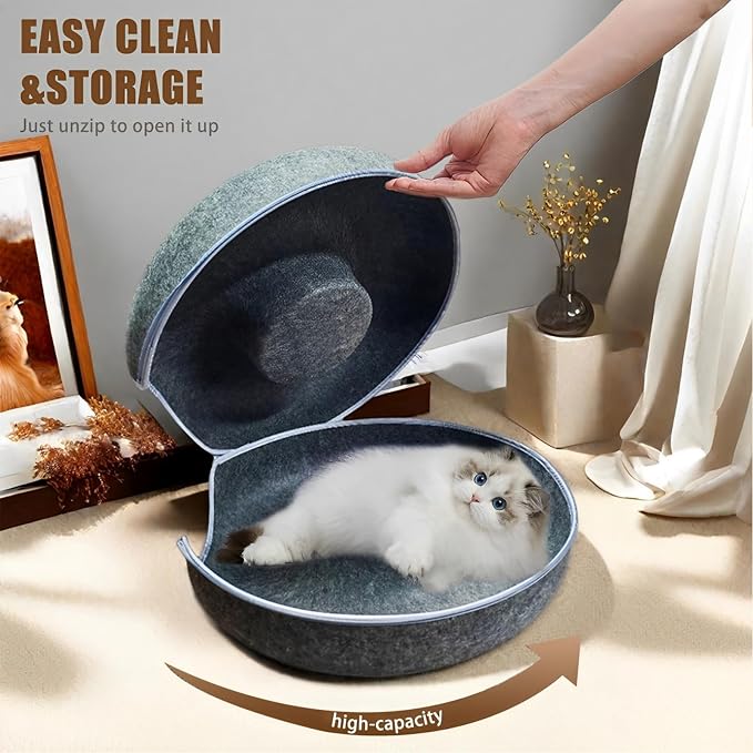 24inch-Tunnel Bed for Indoor,cattasaurus Peekaboo cat cave for Multiple,Detachable Felt Felt Washable Interior for Indoor Cats,Donut Tunnel (Dark Grey)