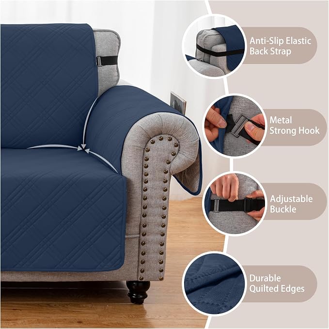 100% Waterproof Couch Cover for Dogs, Washable Anti-Slip Sofa Cover with Elastic Straps & Side Pockets, Quilted Furniture Protector for Kids & Pets (3 Cushion 68", Navyblue)