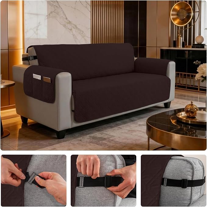 100% Waterproof Quilted Couch Cover,Straps&Pockets,68" Chocolate | Washable sofa cover, pet-friendly, scratch-resistant furniture protector, quilted sofa cover, reversible, non-slip backing.