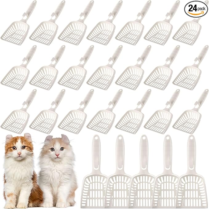 24 Pieces Litter Scoop Bulk for Cats Plastic Pet Kitty Litter Scooper Durable Deep Shovel for Pet Stores Veterinary Clinic, Long Handle White