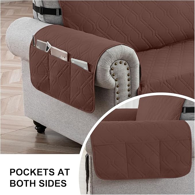 100% Waterproof Couch Cover,Straps&Pockets,pet Friendly,68" Coffee | Washable sofa cover, pet-friendly, scratch-resistant furniture protector, quilted sofa cover, reversible, non-slip backing.