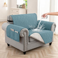 100% Waterproof Quilted Couch Cover,Straps&Pockets,23" Grayishblue | Washable sofa cover, pet-friendly, scratch-resistant furniture protector, quilted sofa cover, reversible, non-slip backing.