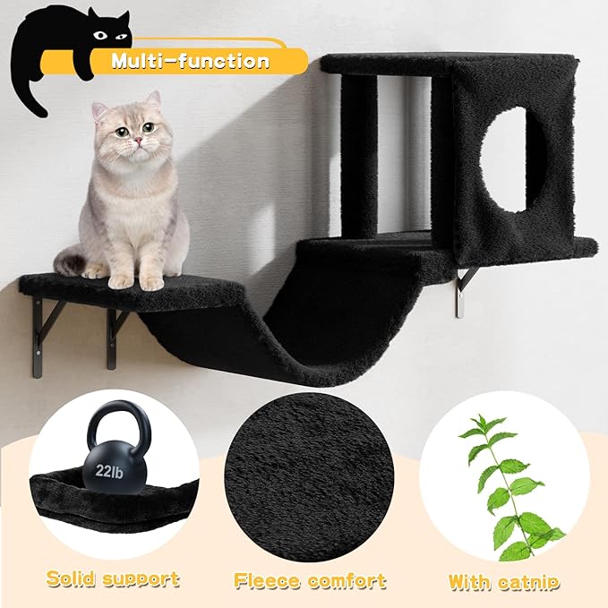 12-in-1 Cat Wall Shelves, Luxury Wall-Mounted Cat Climber Set | with Condos House, Scratching Post, Bridge Ladder, Indoor Space-Saving Furniture for Kittens, Black