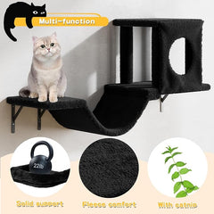 12-in-1 Cat Wall Shelves, Luxury Wall-Mounted Cat Climber Set | with Condos House, Scratching Post, Bridge Ladder, Indoor Space-Saving Furniture for Kittens, Black