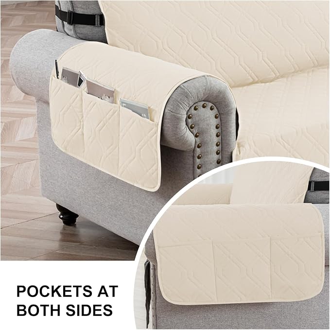 100% Waterproof Couch Cover, Straps&Pockets,pet Friendly,46" Beige | Washable sofa cover, pet-friendly, scratch-resistant furniture protector, quilted sofa cover, reversible, non-slip backing.