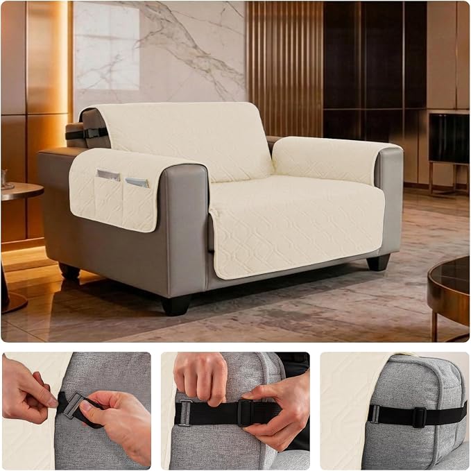 100% Waterproof Couch Cover, Straps&Pockets,pet Friendly,46" Beige | Washable sofa cover, pet-friendly, scratch-resistant furniture protector, quilted sofa cover, reversible, non-slip backing.