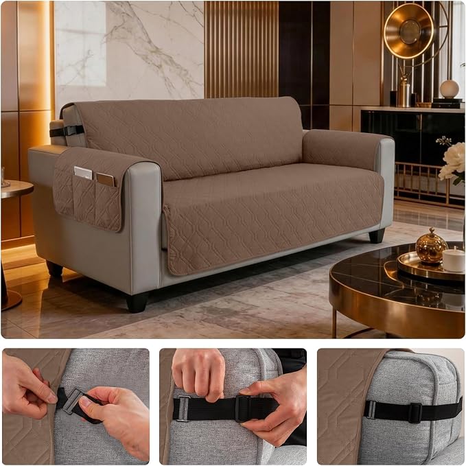 100% Waterproof Quilted Couch Cover,Straps&Pockets,68" Darkbrown | Washable sofa cover, pet-friendly, scratch-resistant furniture protector, quilted sofa cover, reversible, non-slip backing.