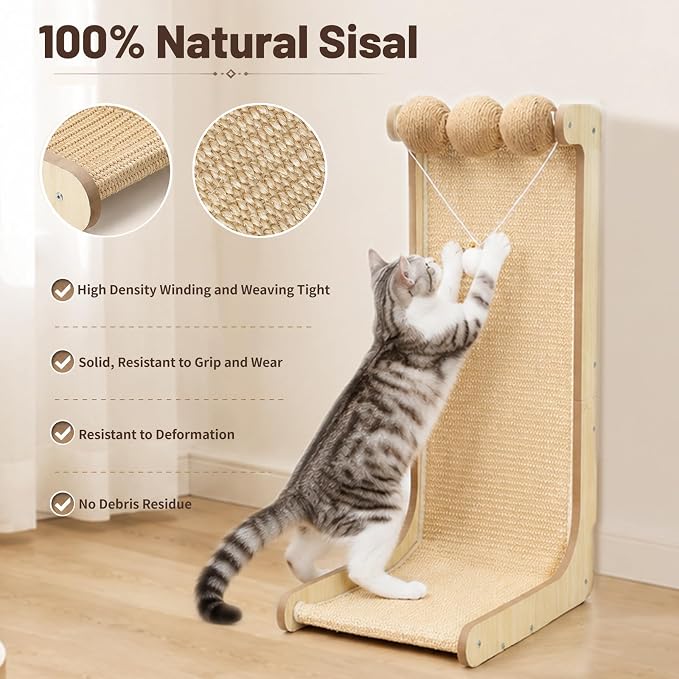 26.8 "Large Sisal Cat Scratcher with Sisal Ball and Bell Plush Toy | Wooden Cat Scratcher Pad, L-Shaped Scratching Post for Indoor Cats Adults, Vertical Cat Scratcher Board to Protect Furniture