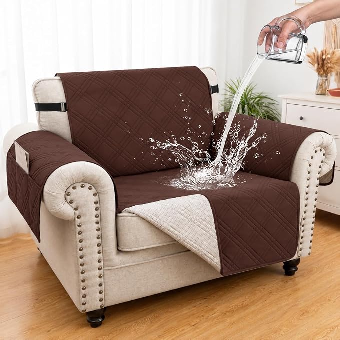 100% Waterproof Couch Cover for Dogs, Anti-Slip Washable Sofa Cover with Elastic Straps & Side Pockets, Durable Furniture Protector for Kids, Pets & Dogs (Armchair 23", Coffee)