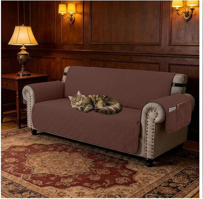 100% Waterproof Couch Cover,Straps&Pockets,pet Friendly,68" Coffee | Washable sofa cover, pet-friendly, scratch-resistant furniture protector, quilted sofa cover, reversible, non-slip backing.