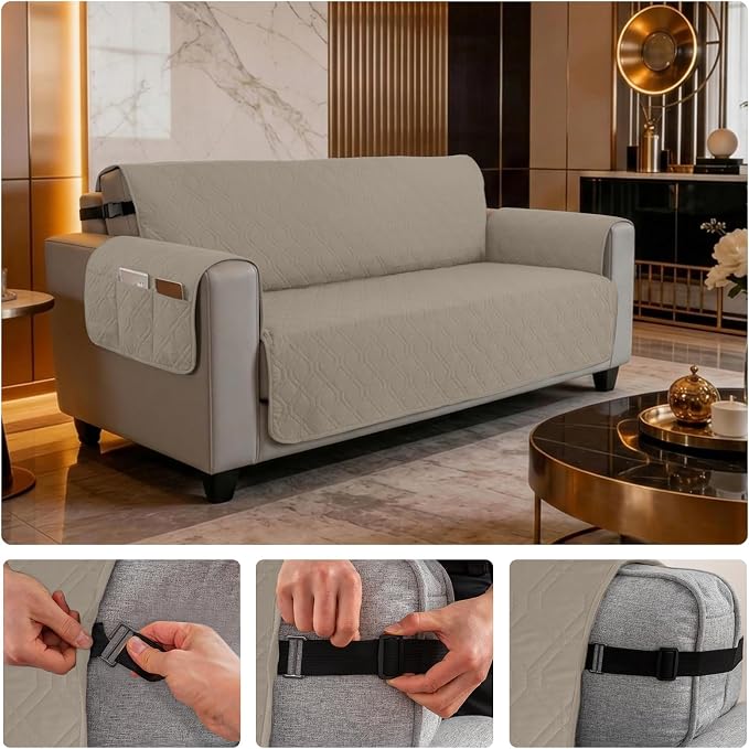100% Waterproof Couch Cover,Straps&Pockets,pet Friendly,68" Camel | Washable sofa cover, pet-friendly, scratch-resistant furniture protector, quilted sofa cover, reversible, non-slip backing.
