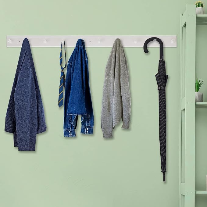 2PCS Coat Rack Wall Mounted, Long 38'' Wooden Wall Coat Hooks with 10 Pegs, Wall Peg Rail Hangers for Hanging Towels, Hats, Backpacks, Clothing, Caps(White)