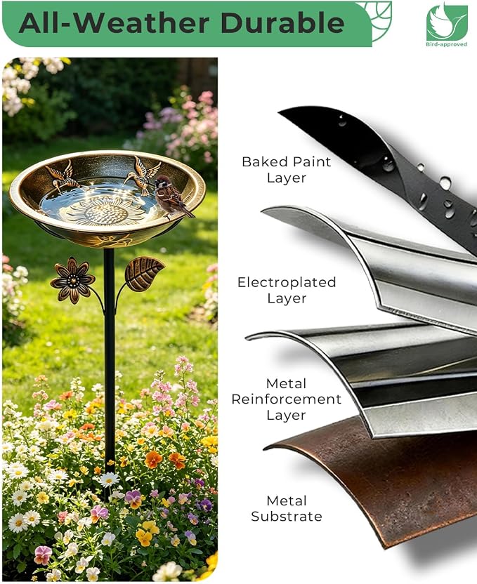 13" Metal Bird Bath for Outside – Hummingbird Embossed Garden Birdbath Bowl with Stake | Adjustable Height Outdoor Bird Bath, Removable Bowl, Rust Resistant Yard Lawn Decor