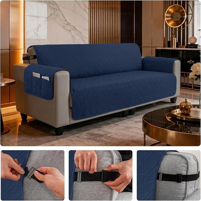 100% Waterproof Quilted Couch Cover,Straps&Pockets,78" Navyblue | Washable sofa cover, pet-friendly, scratch-resistant furniture protector, quilted sofa cover, reversible, non-slip backing.