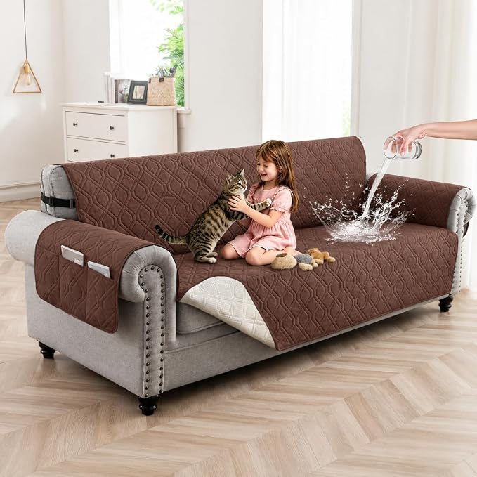 100% Waterproof Couch Cover,Straps&Pockets,pet Friendly,78" Coffee | Washable sofa cover, pet-friendly, scratch-resistant furniture protector, quilted sofa cover, reversible, non-slip backing.