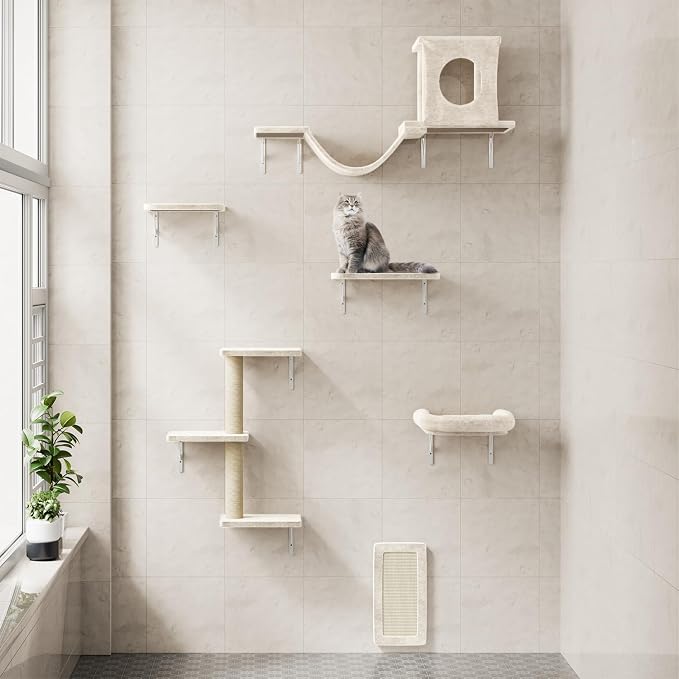 12-in-1 Cat Wall Shelves, Luxury Wall-Mounted Cat Climber Set | with Condos House, Scratching Post, Bridge Ladder, Indoor Space-Saving Furniture for Kittens, Beige