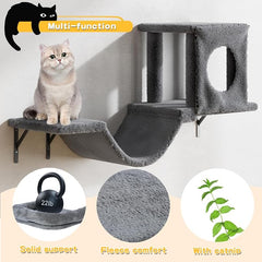 12-in-1 Cat Wall Shelves, Luxury Wall-Mounted Cat Climber Set | with Condos House, Scratching Post, Bridge Ladder, Indoor Space-Saving Furniture for Kittens, Dark Gray