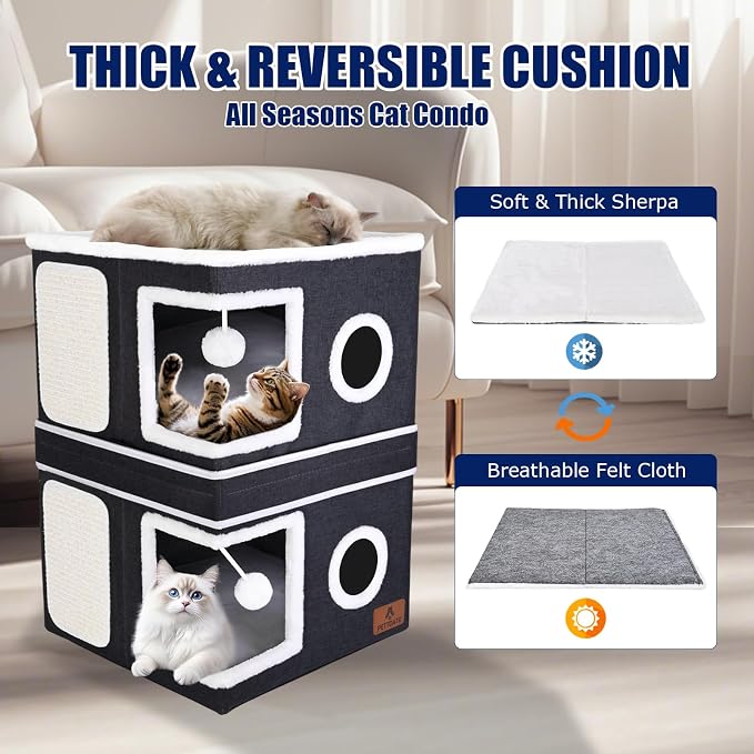 2-Story Cat House for Indoor Cats, Dual-Purpose Cat Cave Bed with Scratch Pad and Fluffy Ball, Foldable Cat Hideaway, Cute Cat Condo Furniture for Multi Small Pet Kitten, Dark Grey