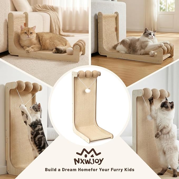 26.8 "Large Sisal Cat Scratcher with Sisal Ball and Bell Plush Toy | Wooden Cat Scratcher Pad, L-Shaped Scratching Post for Indoor Cats Adults, Vertical Cat Scratcher Board to Protect Furniture