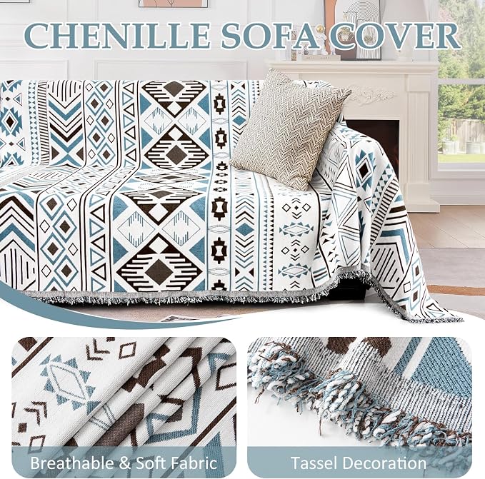 1OO% Waterproof Sectional Couch Covers for Dogs L Shaped Corner Sofa Cover Washable Chenille Sofa Slipcovers Blanket Modern Jacquard Pet Furniture Protector (91"x252", Boho Blue Brown)