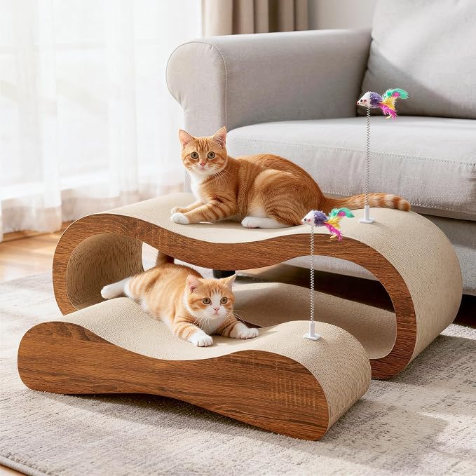 2 in 1 Cat Scratcher for Indoor Cats, Large Cardboard Cat Scratcher with 2 Plug-in Teaser Wand, 100% Recyclable & Reversible Scratching Board Pads Prevents Furniture Damage