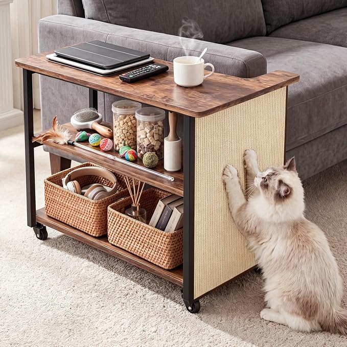 2-in-1 Cat Scratch Couch Side Table with Wheels,Couch Protector from Cat Claws,Sofa Narrow End Table with Natural Sisal Cat Scratch Panel for Living Room (Rustic Brown, Left)