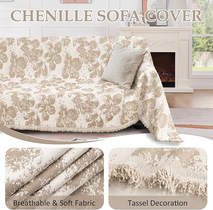 1OO% Waterproof Sectional Couch Covers for Dogs L Shaped Corner Sofa Cover Washable Chenille Sofa Slipcovers Blanket Modern Jacquard Pet Furniture Protector (91"x276", Khaki Flower Shadow)