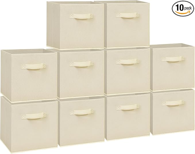 11 Inch Fabric Storage Cubes, Sturdy Foldable Storage Bins, Heavy Duty Cube Organizer for Clothes, Blankets, Shelves, Closets, Bedroom, Living Room, Beige, 10 Pack