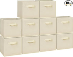 11 Inch Fabric Storage Cubes, Sturdy Foldable Storage Bins, Heavy Duty Cube Organizer for Clothes, Blankets, Shelves, Closets, Bedroom, Living Room, Beige, 10 Pack