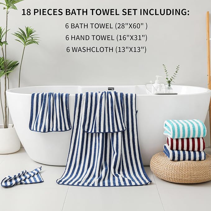 18-Piece Microfiber Bath Towels Set - 6 Bath Sheet, 6 Hand Towels, 6 Washcloths, Soft, Highly Absorbent Bathroom Towel, Quick Dry & Less Lint Shower towel for Bathroom, Hotel, Spa, Dorm-Blueberry